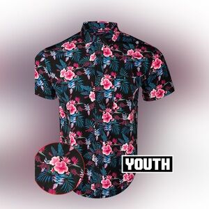 RETRO RIFLE - HIBISCUS TROPICS BUTTON DOWN - YOUTH LARGE